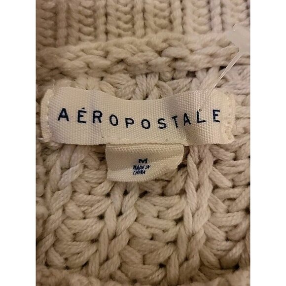Aeropostale Womens Ivory Tan Cold Shoulder Open Knit Sweater Medium Mock Neck - Picture 5 of 11